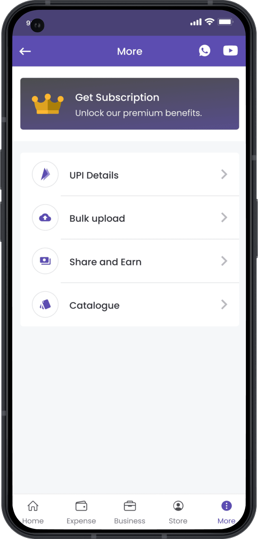 Account screen of a business app