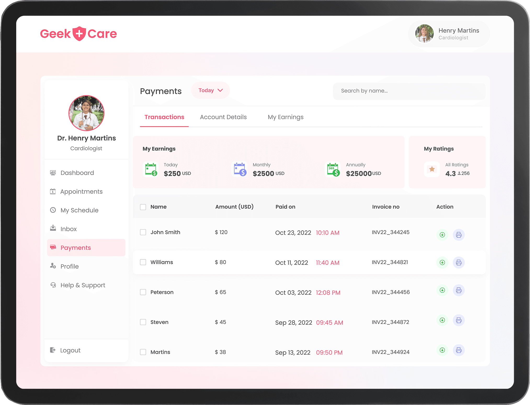 Payments screen of healthcare app