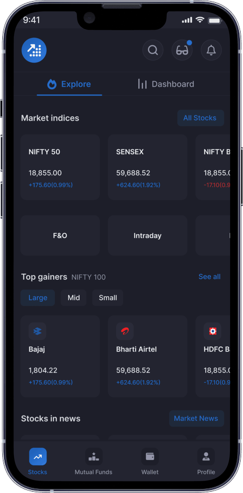 Explore screen of stock market app