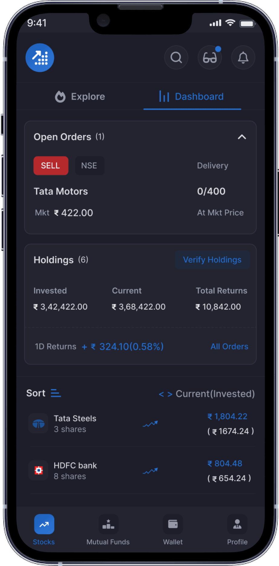 Dashboard of stock market app