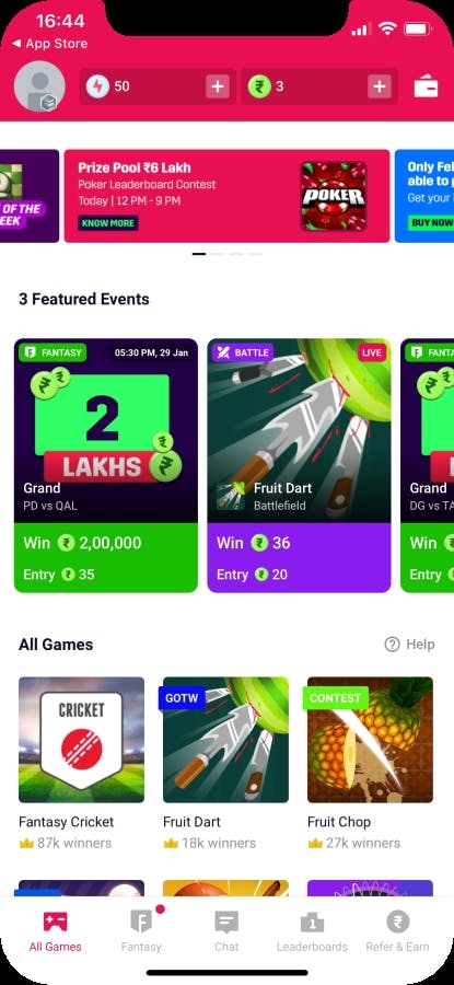 Redesign gaming app for Mobile Premier League (MPL)