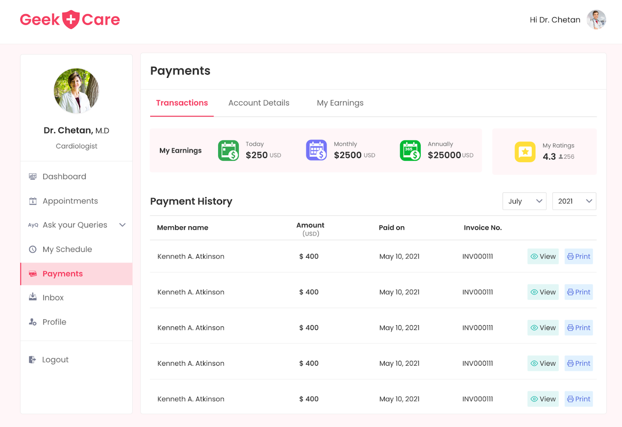 Payments History Screen