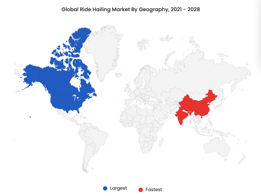 Global ride hailing market by geography, 2021- 2028. Image showing  that the ride-booking market will be dominated by North America, with the Asia Pacific region expected to experience the fastest market growth due to population expansion.