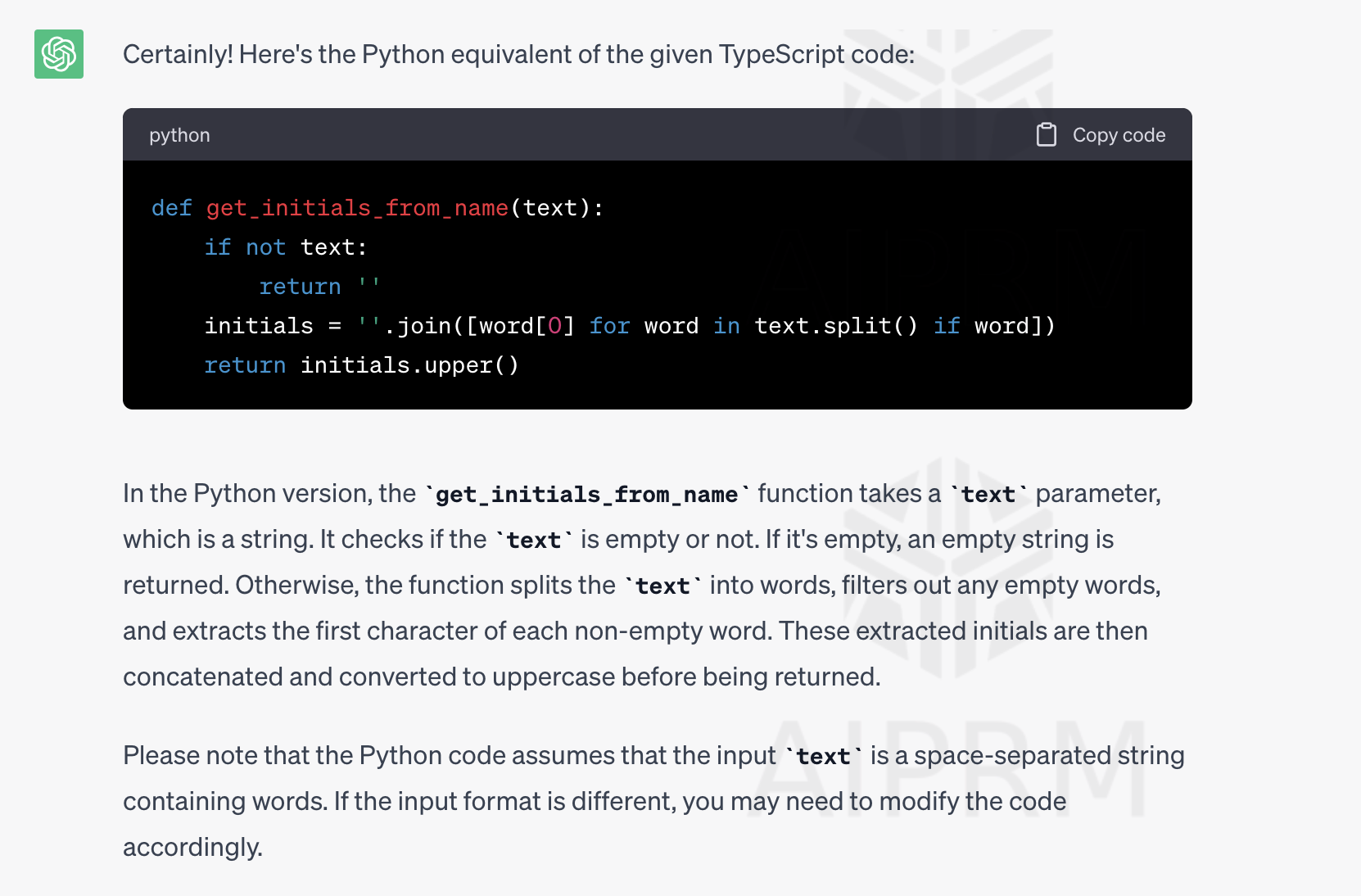 ChatGPT output for converting a TypeScript code into Python.