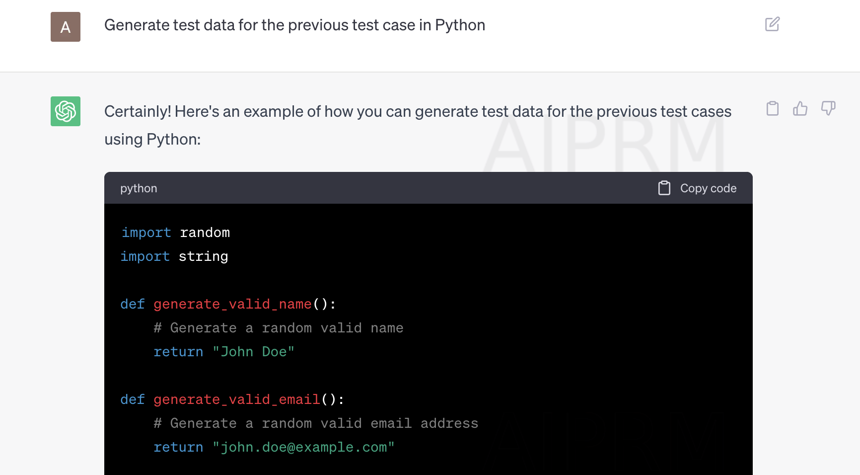 Let us see how we can use ChatGPT to generate test data for the same example, developing a social media application. We’re asking ChatGPT to generate test data for the test case previously mentioned in a language of our choice, for example, Python. 