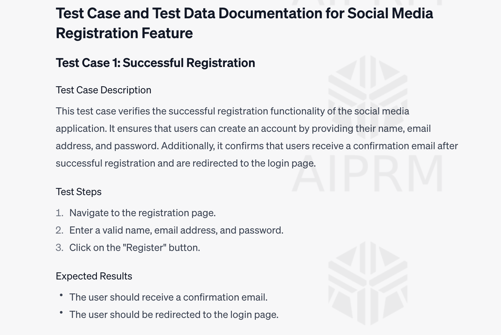 In the image, you can see the documentation for the first test case and data, which was successful registration: 