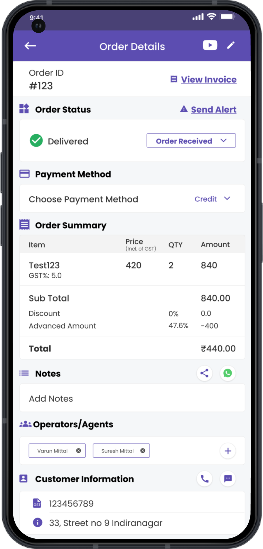 Order details screen of busniess app
