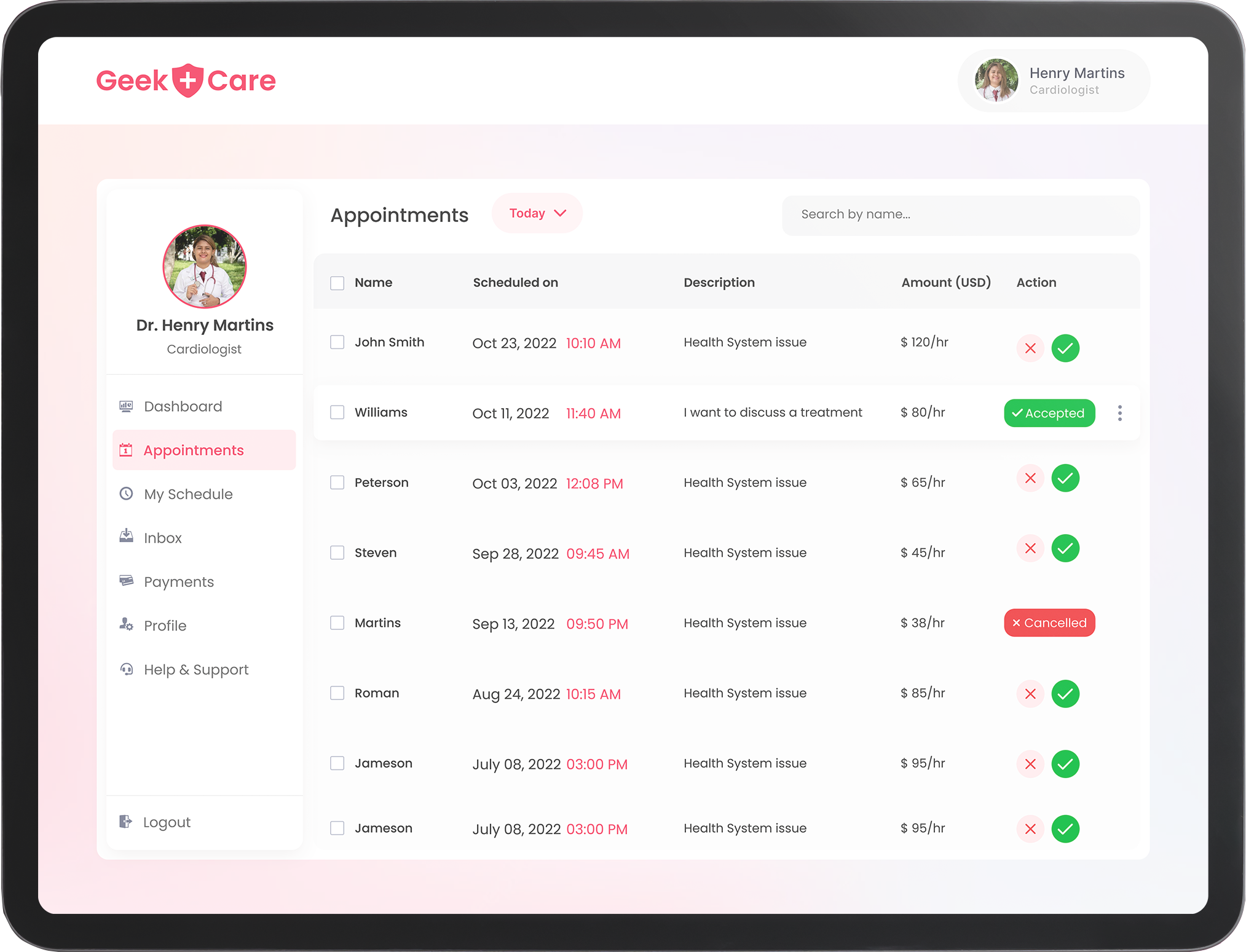 Appointments screen of healthcare app