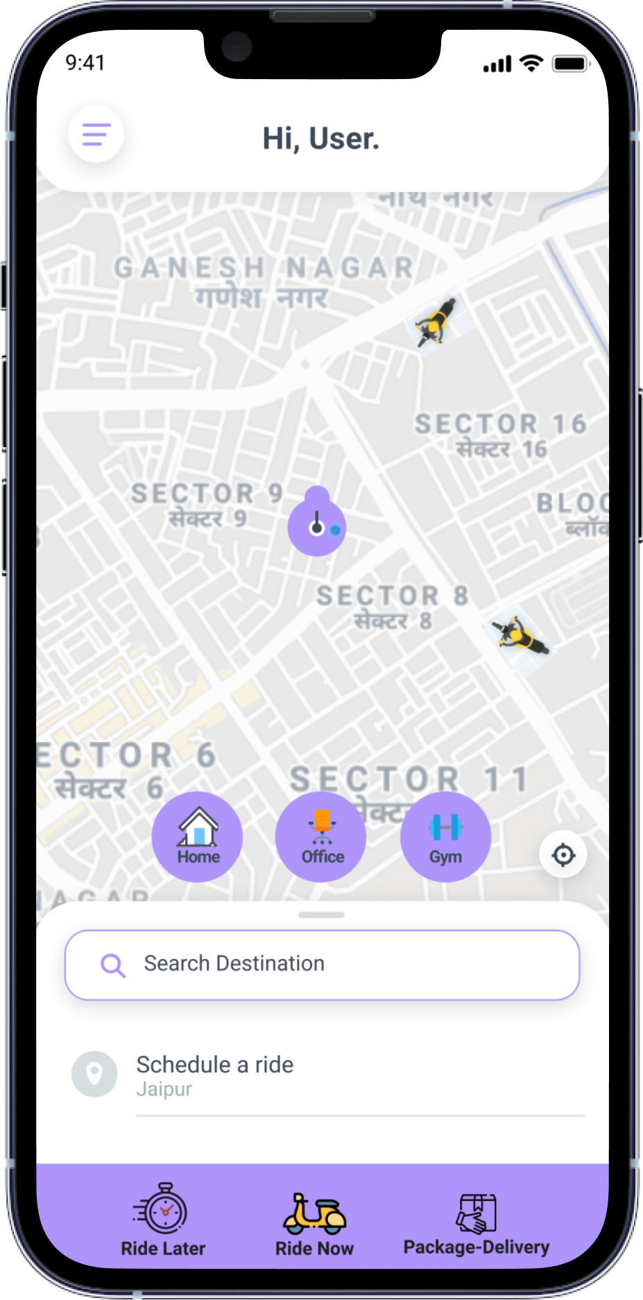 Location finder screen on a ride app like uber