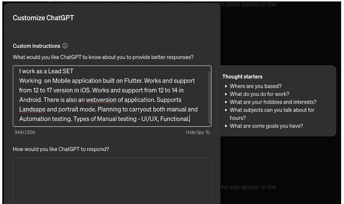 Adding custom instructions in the ChatGPT customization menu