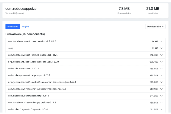 React Native app size before optimization with Spotify Ruler – 7.8MB download, 21MB install