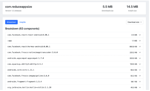 React Native app size after ProGuard & Spotify Ruler – 5.5MB download, 14.5MB install