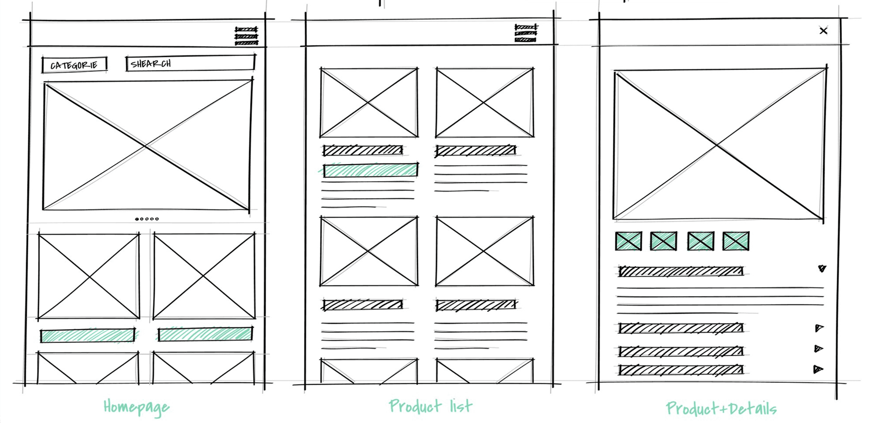 UI wireframes demonstrating iterative design process