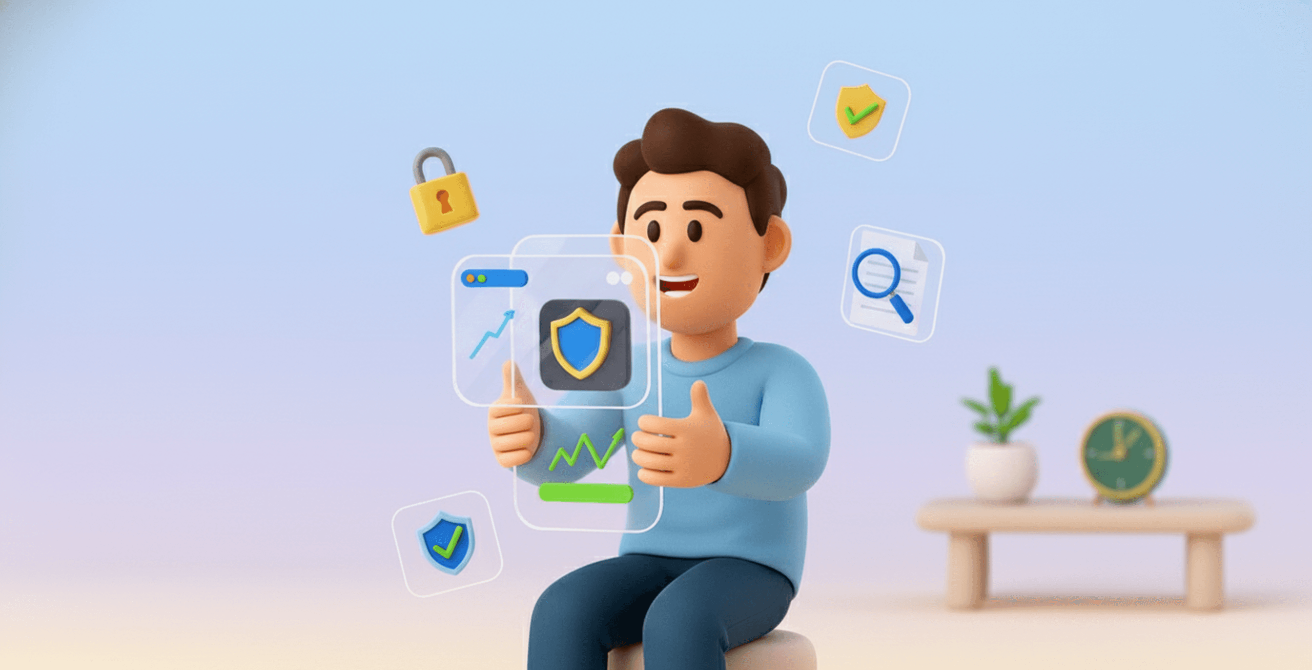 Fintech App transparency and security visualization with trust signals and data shield