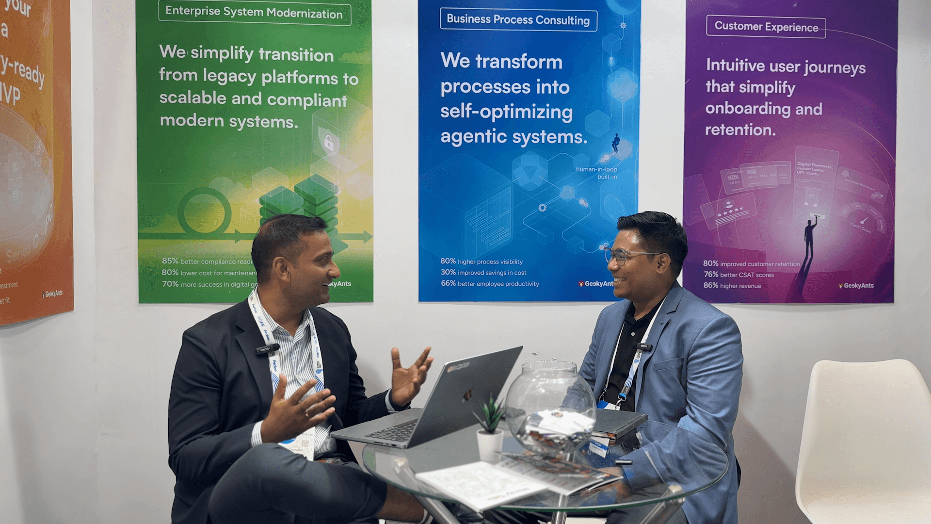 Kunal Kumar, COO of GeekyAnts, and Rakesh Ningthoujam, Head of Growth Marketing, exchanging ideas at the company’s booth during GFF 2025, Mumbai.