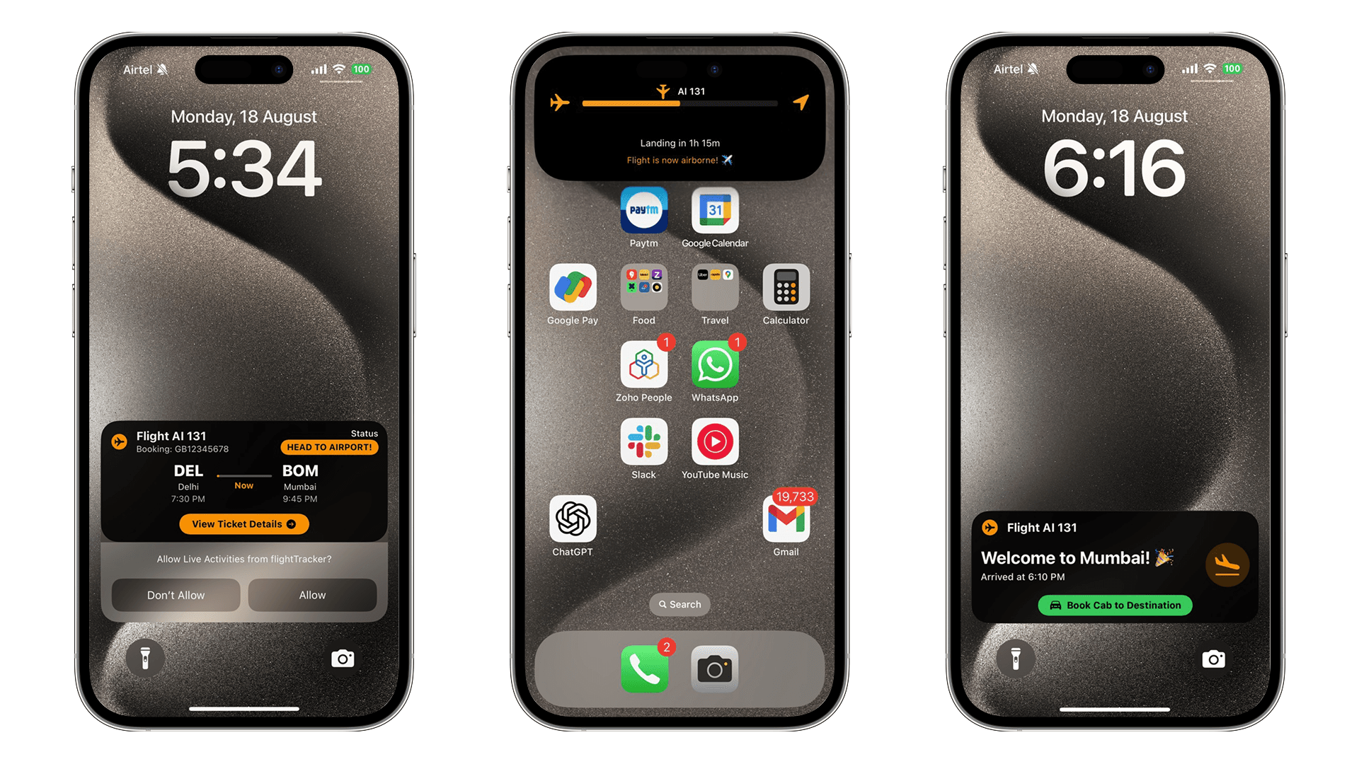 iOS flight tracking app showing live flight status and travel alerts