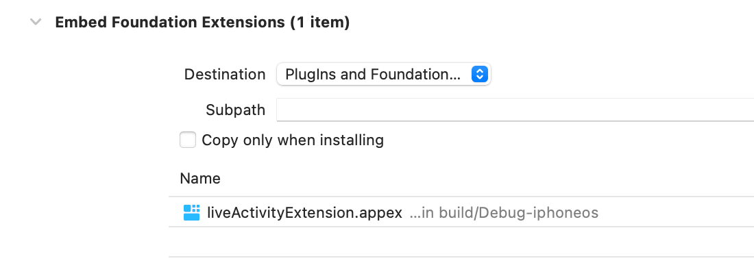Xcode build settings displaying Live Activity extension embedding options