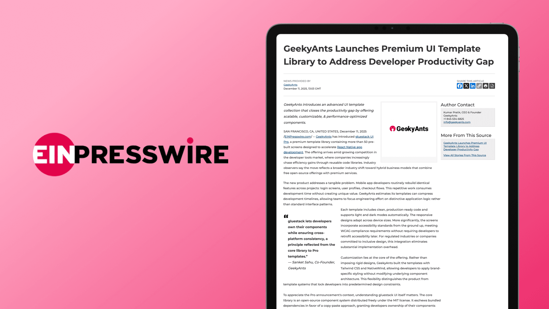 EINPresswire Features GeekyAnts' Latest Innovation: gluestack UI Pro