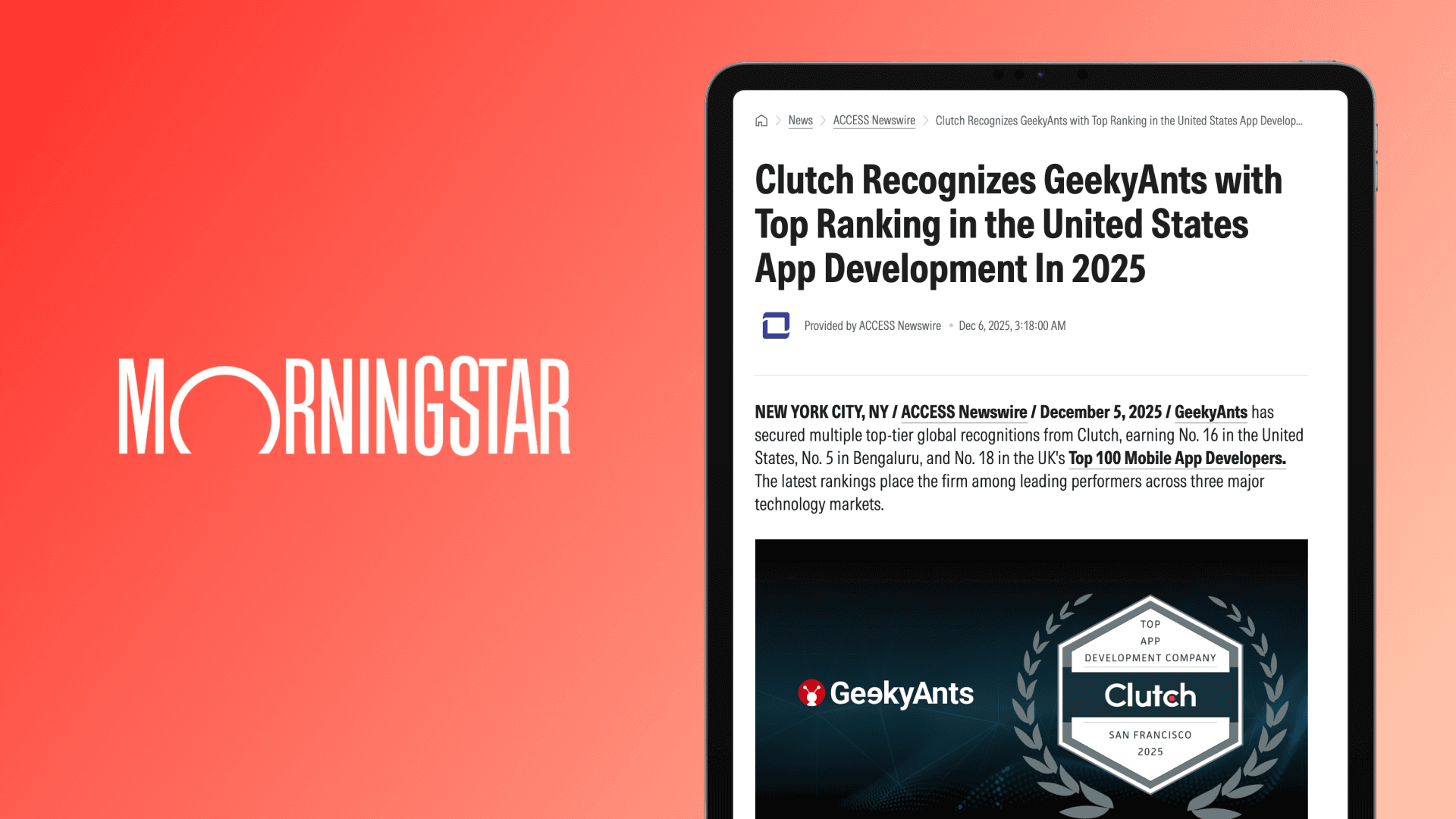 Morningstar Features GeekyAnts’ Global Recognition in 2025 Clutch Rankings