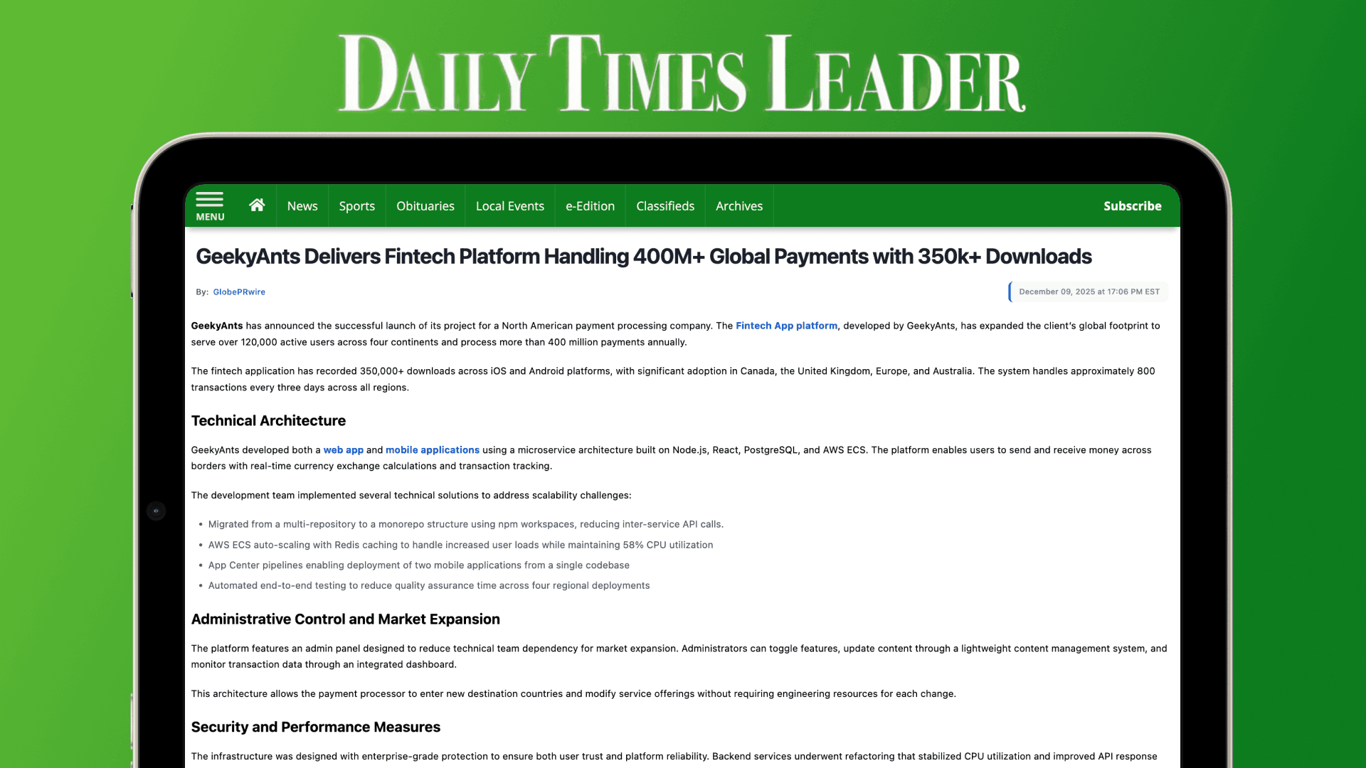 Daily Times Leader Features GeekyAnts’ Fintech Success: Processing 400M+ Global Payments Annually