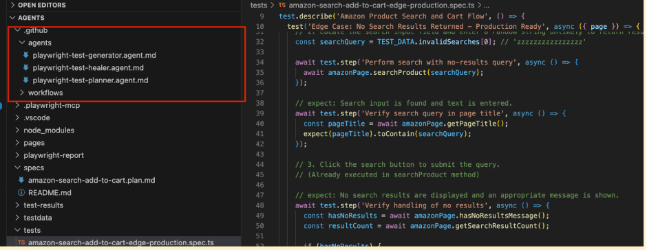 A VS Code interface showing a project directory with three highlighted agent files (generator, healer, and planner) in Markdown format, alongside a Playwright TypeScript test file for an Amazon search edge case.