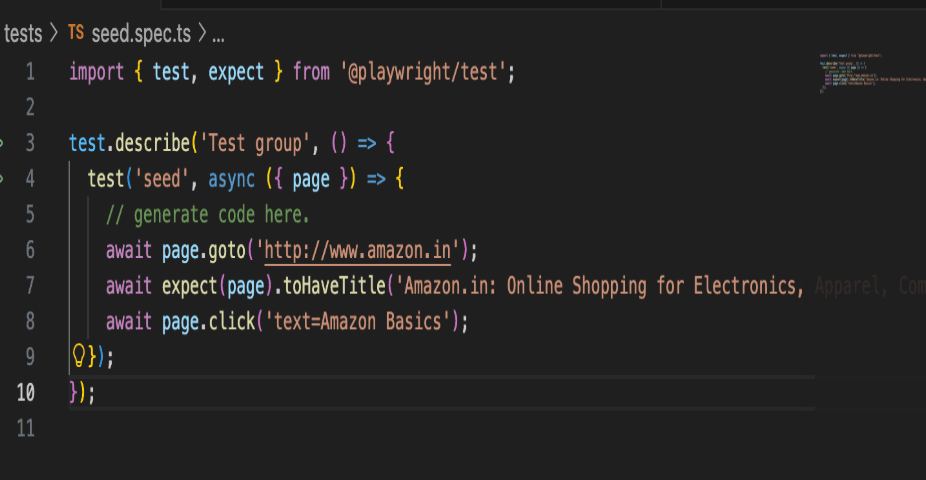A VS Code editor window showing a TypeScript test file (seed.spec.ts) that navigates to the Amazon homepage and verifies the page title