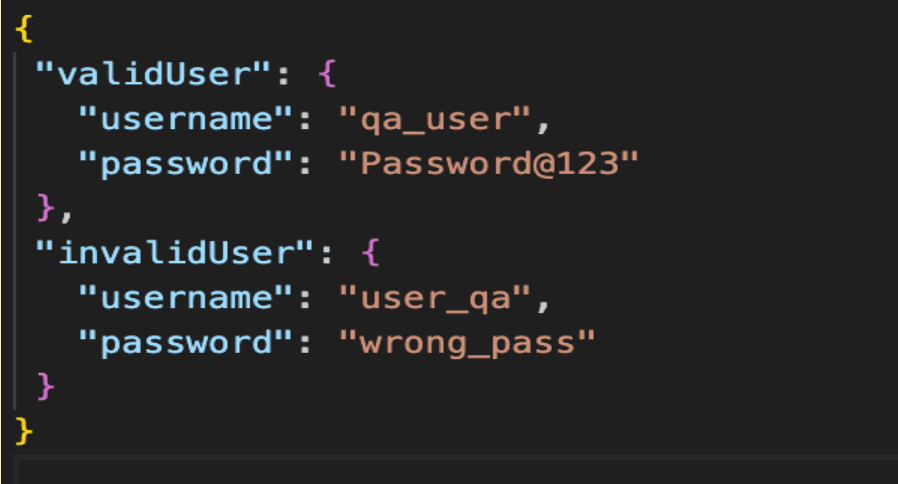 A code block showing a JSON file named seed.json containing mock test data for "validUser" and "invalidUser" credentials.