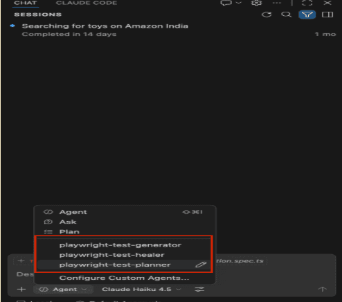 A dark-themed AI agent interface (Claude Code) with a dropdown menu open. The menu highlights three selectable custom agents: playwright-test-generator, playwright-test-healer, and playwright-test-planner.