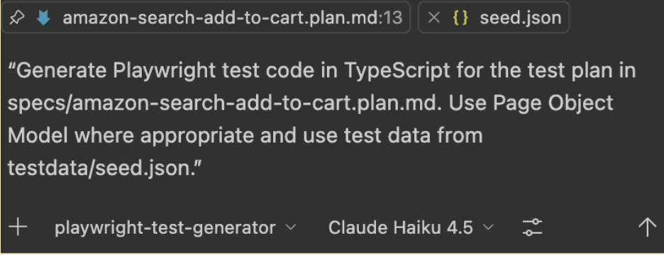 An AI chat prompt window where a user is instructing the playwright-test-generator agent to convert a Markdown plan into TypeScript code using the Page Object Model.