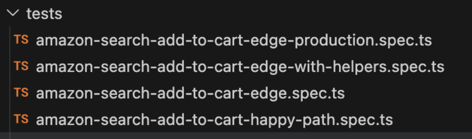 A file directory snippet showing three generated Playwright TypeScript spec files: edge-production, with-helpers, and happy-path.