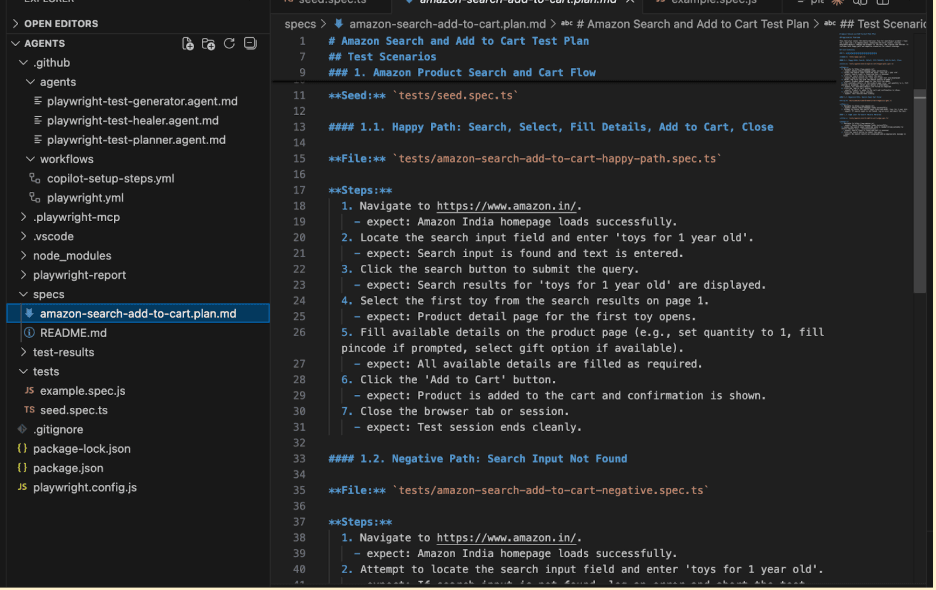 A screenshot within a document showing a human-readable Markdown test plan for an Amazon "search to cart" flow.
