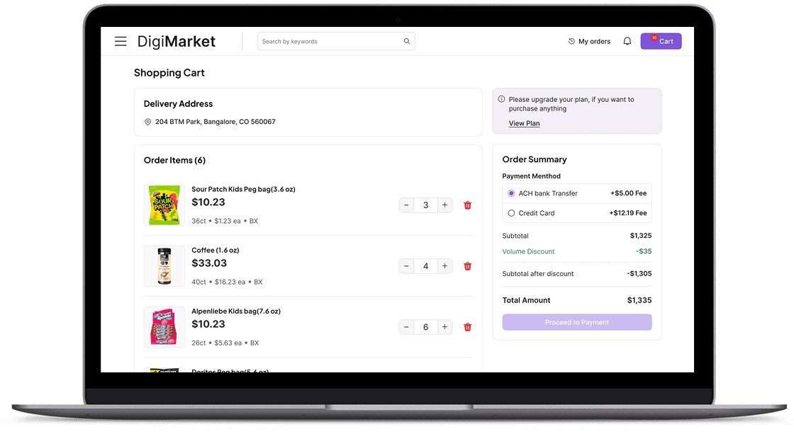 DigiMarket shopping cart interface for QA testing with payment and order summary