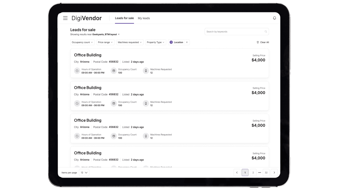 DigiVendor backend system showcasing paginated lead management data table