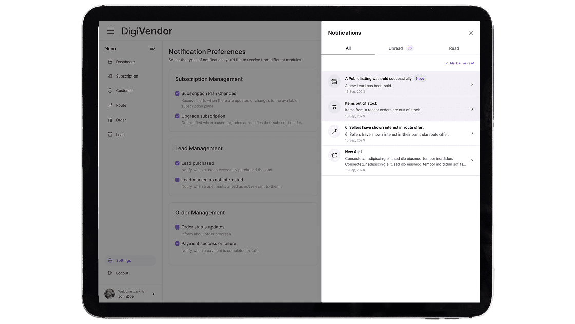 DigiVendor App Design interface showing notification settings and business alerts