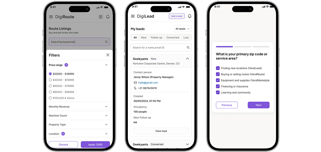 DigiRoute and DigiLead mobile app frontend with filters and onboarding flow