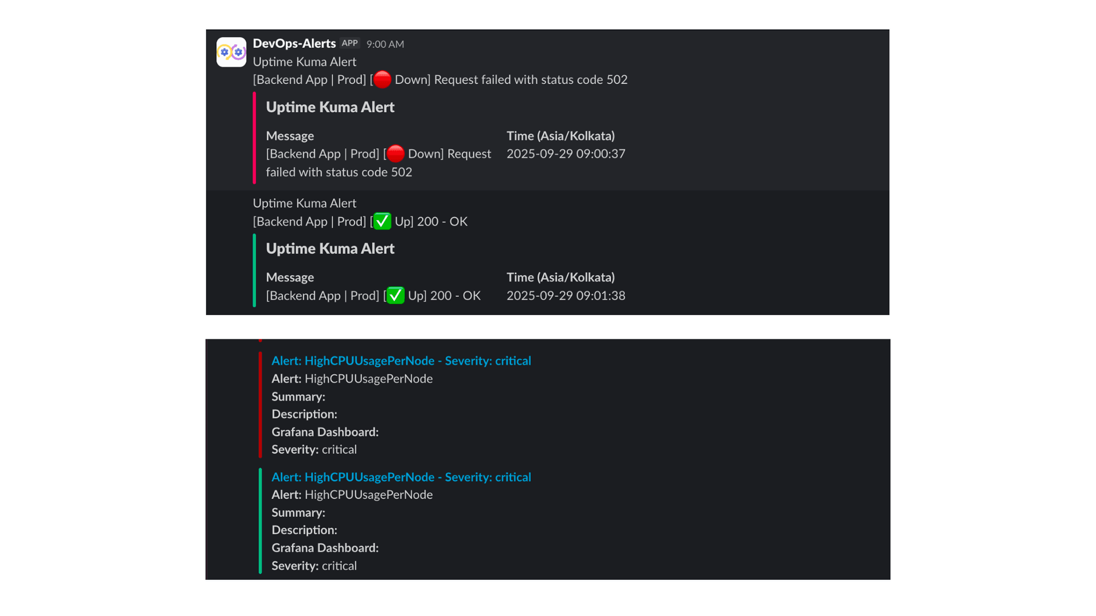 DevOps alert dashboard with Uptime Kuma uptime monitoring and Kubernetes high CPU alerts in Grafana production