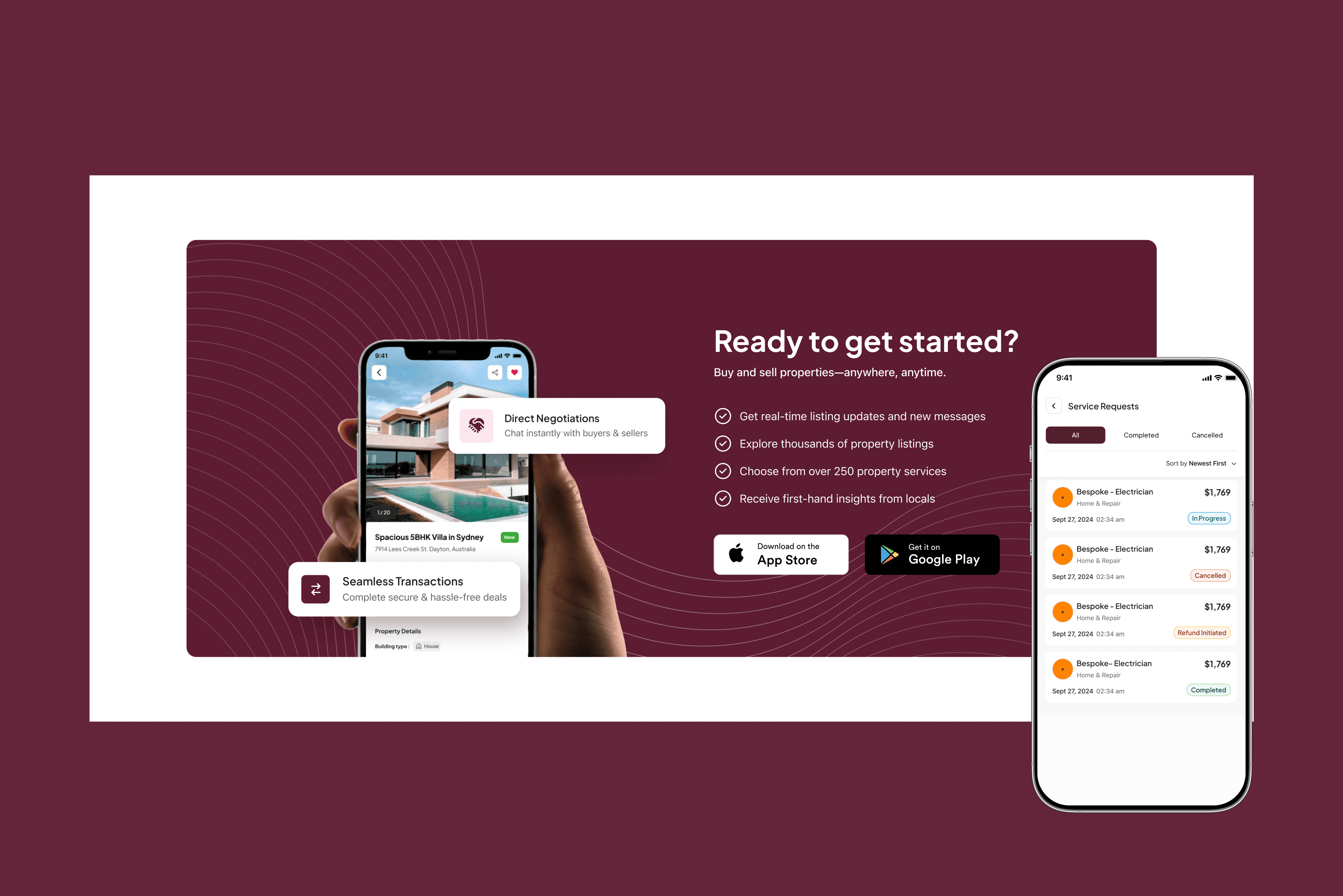 Real estate app interface for property listings, service requests, and seamless transactions