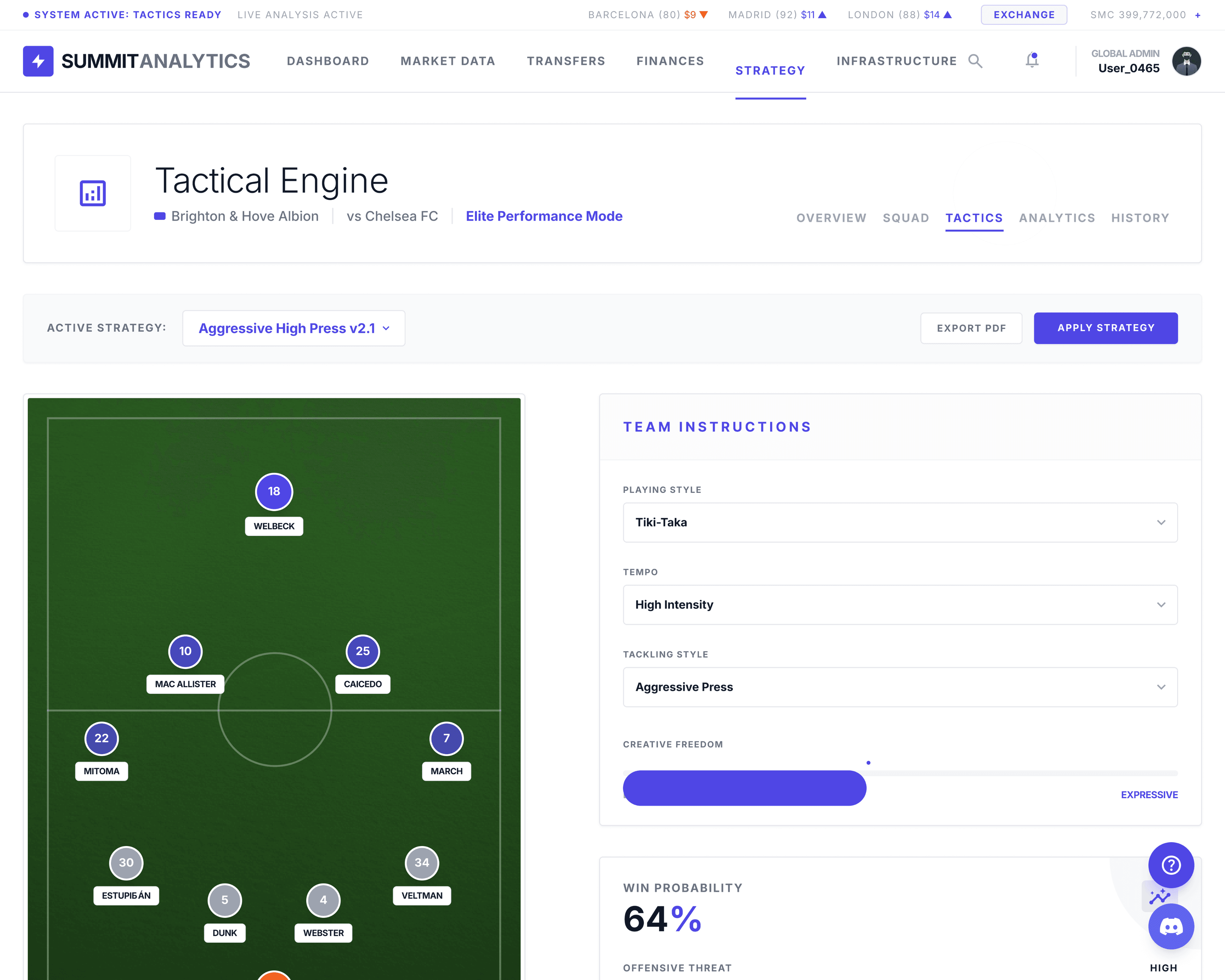 Tactical Engine pitch view for setting player formations
