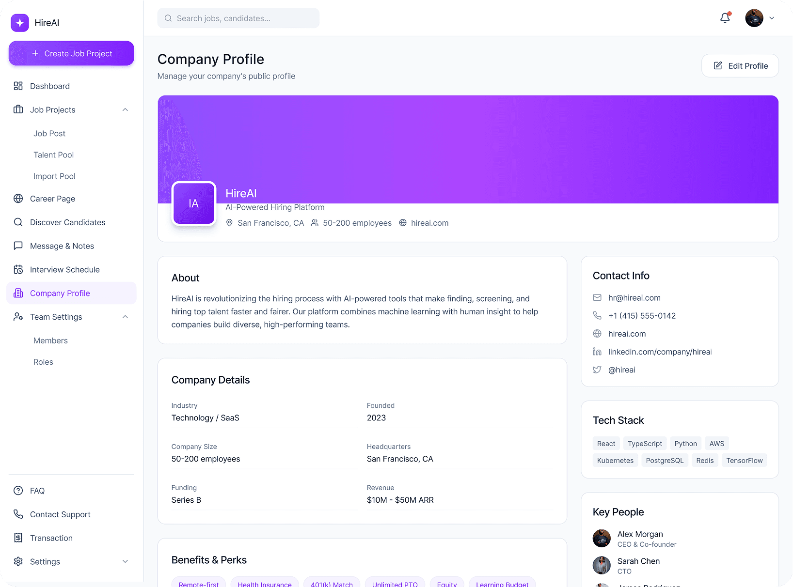 A detailed company view for HireAI. It includes a large purple banner, an About section, company details (Industry, Founded, Size), a Tech Stack section, and a Benefits & Perks section.