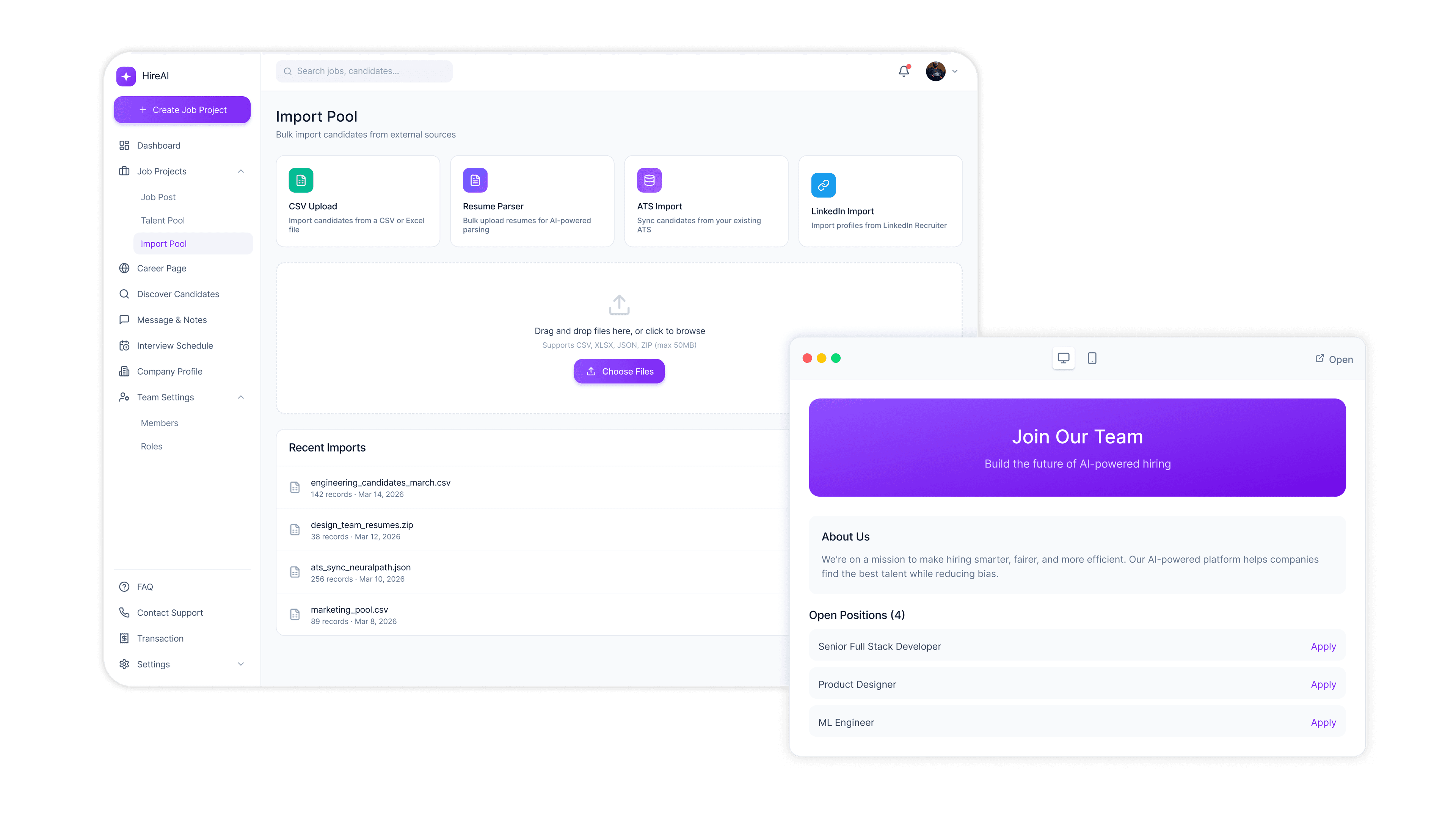 The Import Pool screen allows users to bulk-import candidates. It shows four integration options: CSV Upload, Resume Parser, ATS Import, and LinkedIn Import