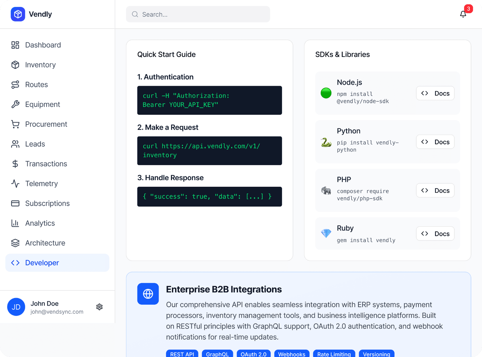 Developer dashboard with API documentation, SDKs, and enterprise B2B marketplace integrations panel