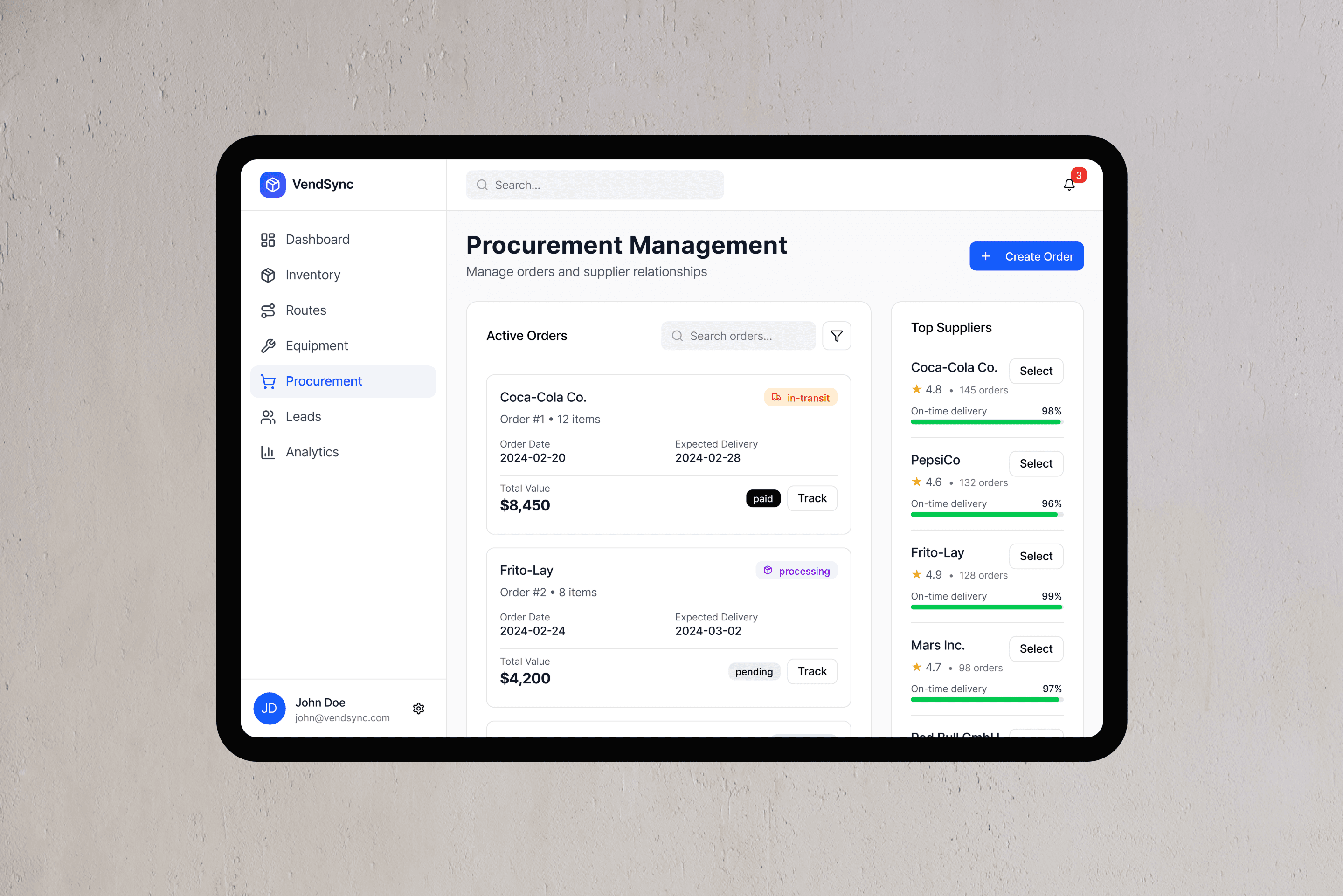 Vending system procurement management dashboard with supplier orders and tracking