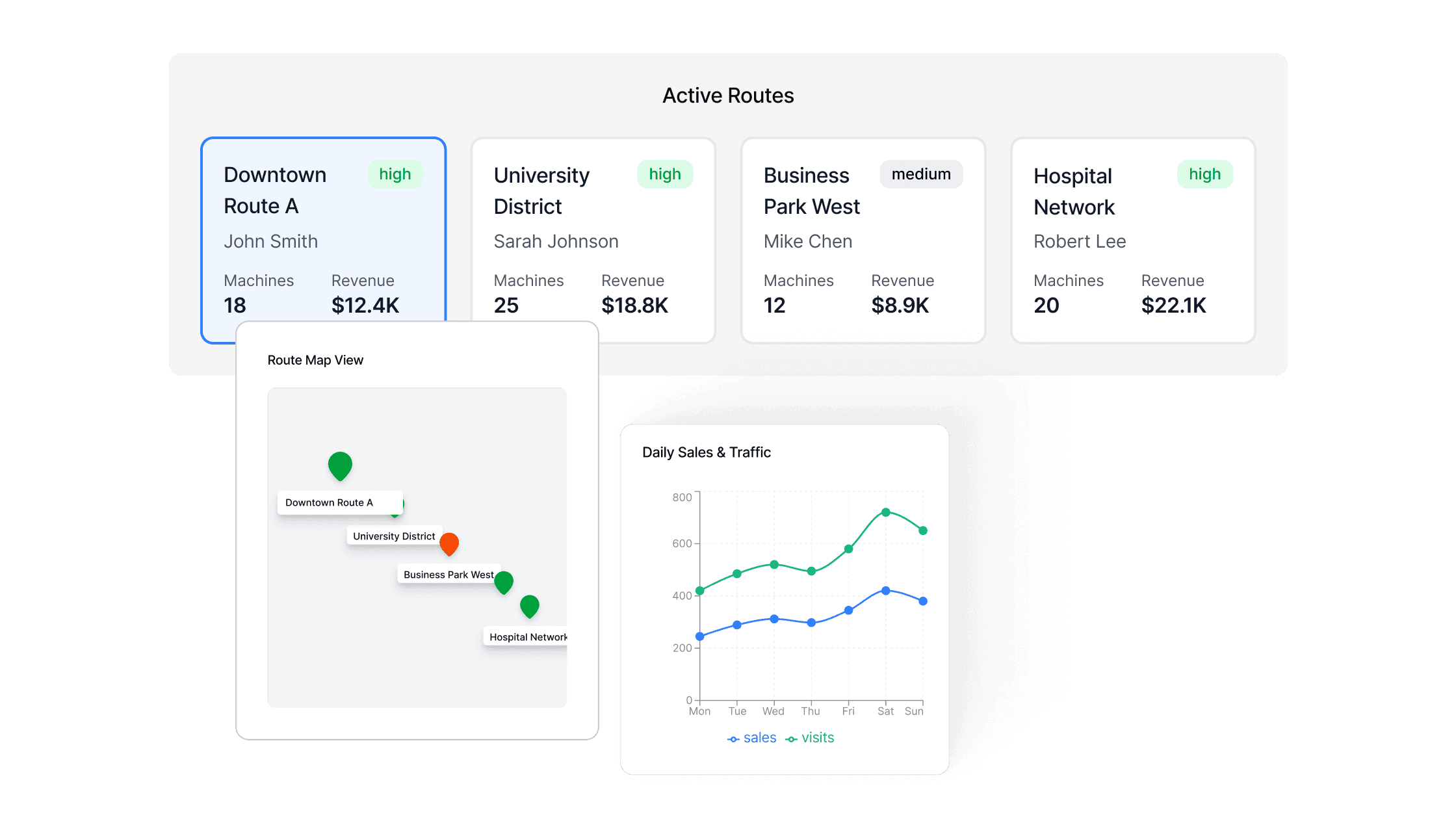 UI for modular engine development featuring operational B2B marketplace tools for managing routes and equipment.