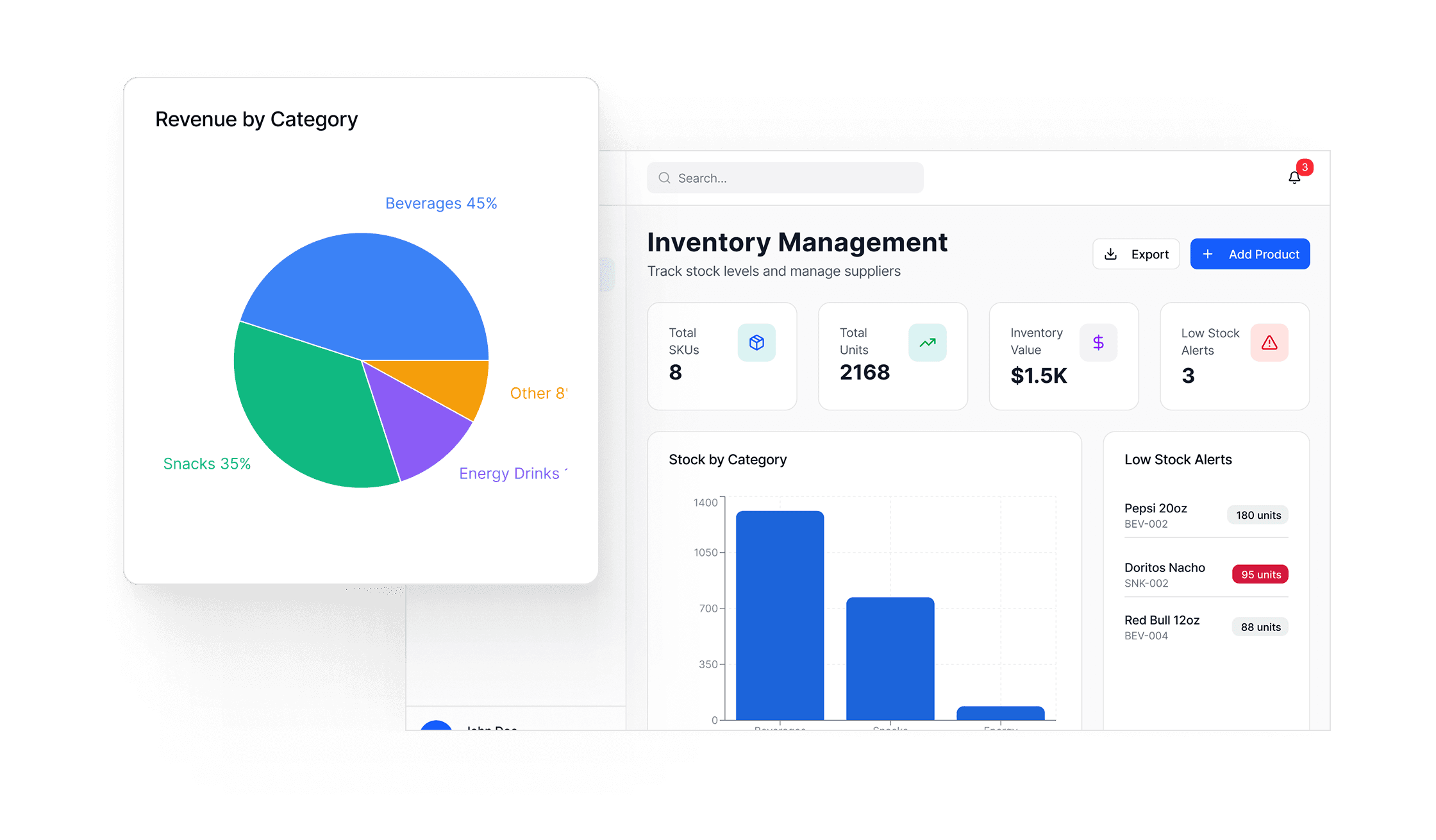 Growth Suite Integration dashboard for a dedicated CRM, revenue by category, and inventory management.
