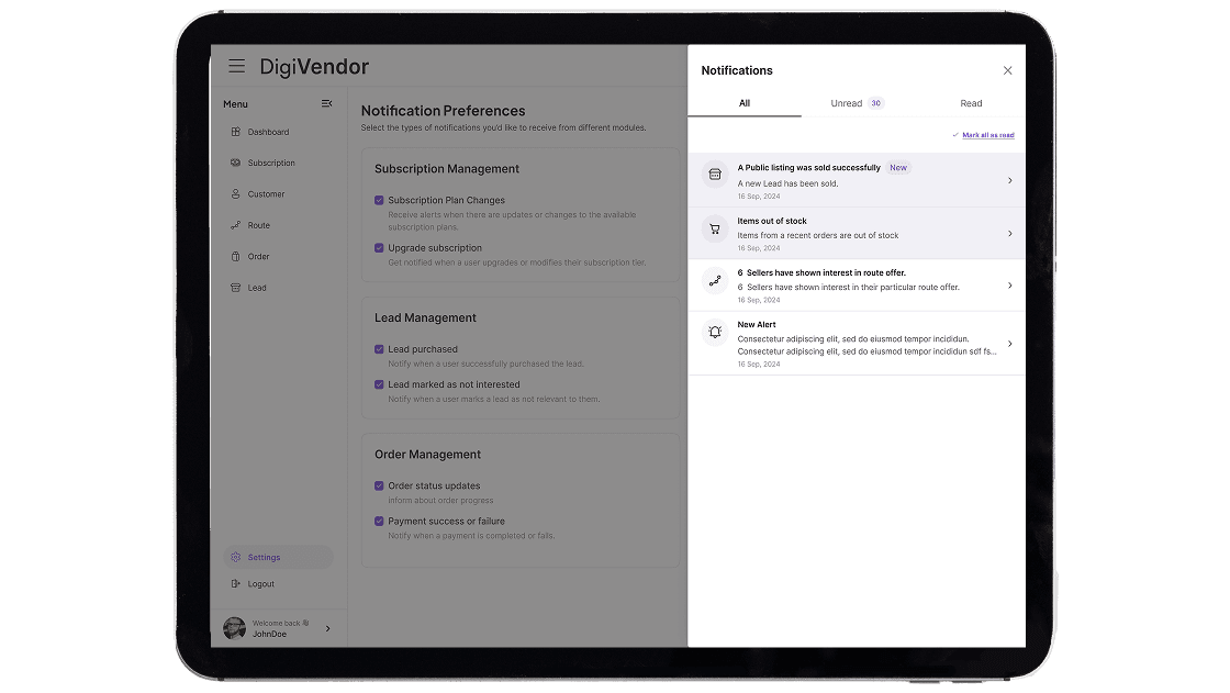 DigiVendor App Design interface showing notification settings and business alerts