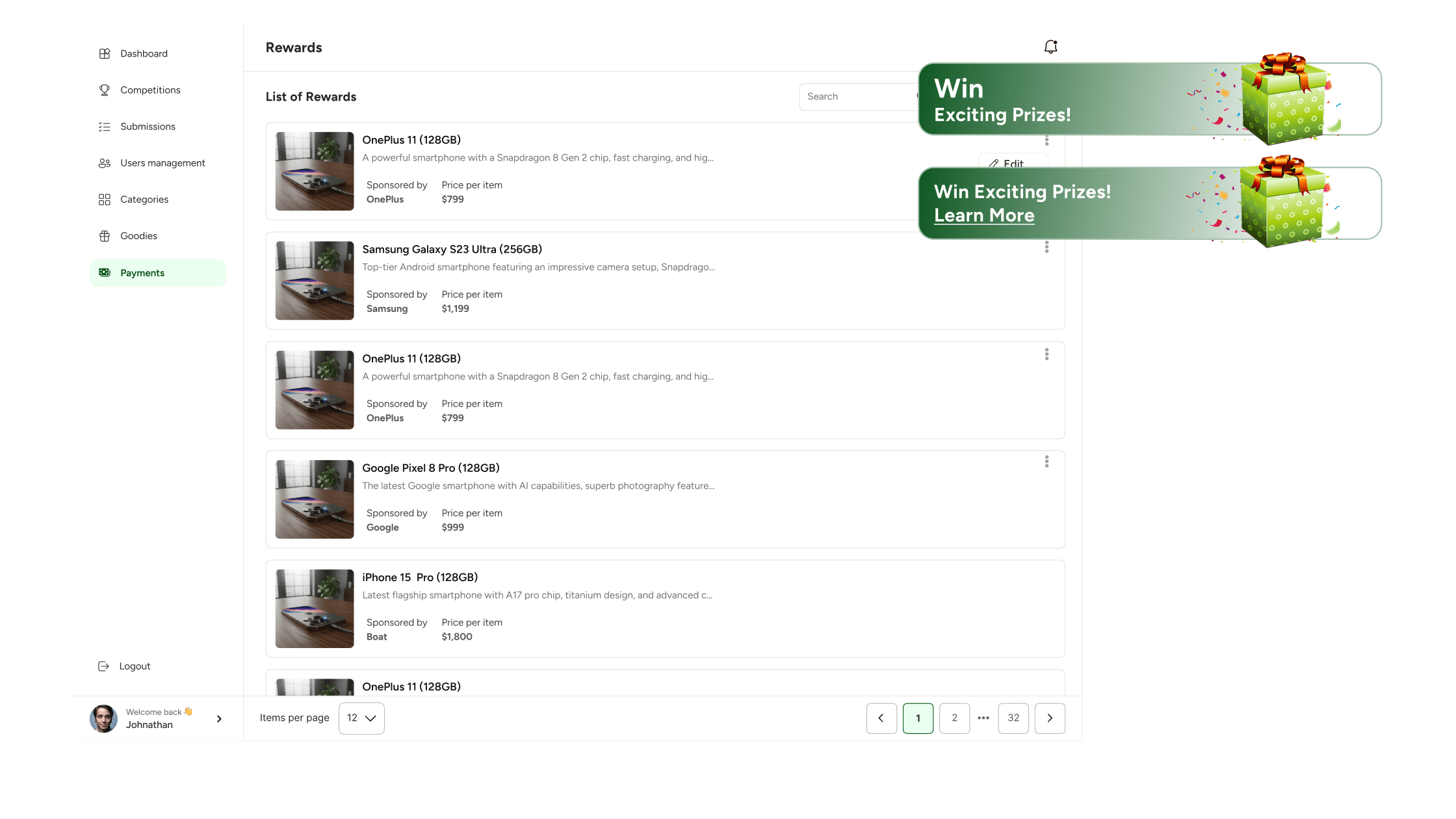 Rewards management dashboard for video competition platform with prize cards and engagement features