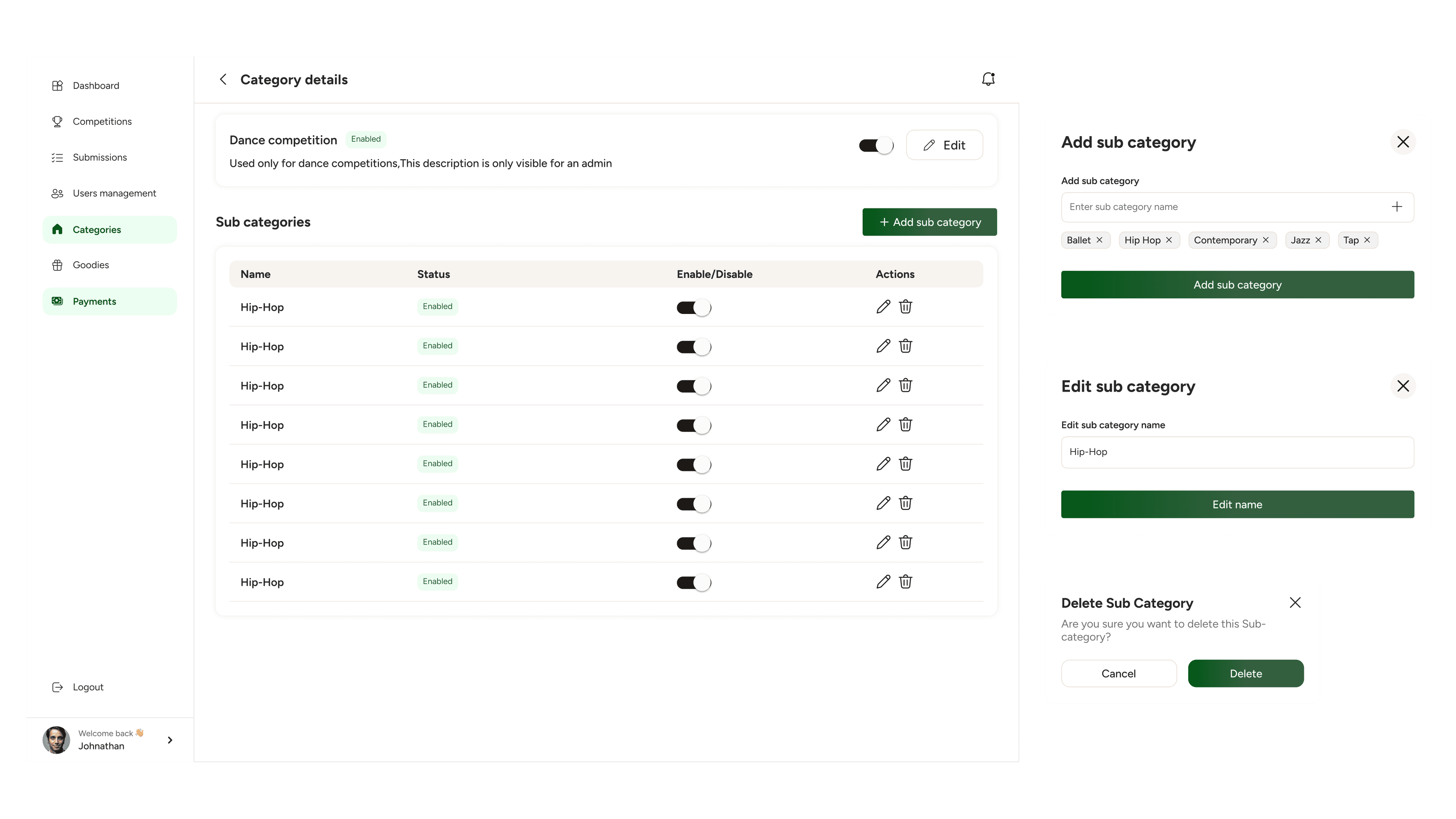 AI Content Moderation with category management dashboard and subcategory controls for Video competition mobile app