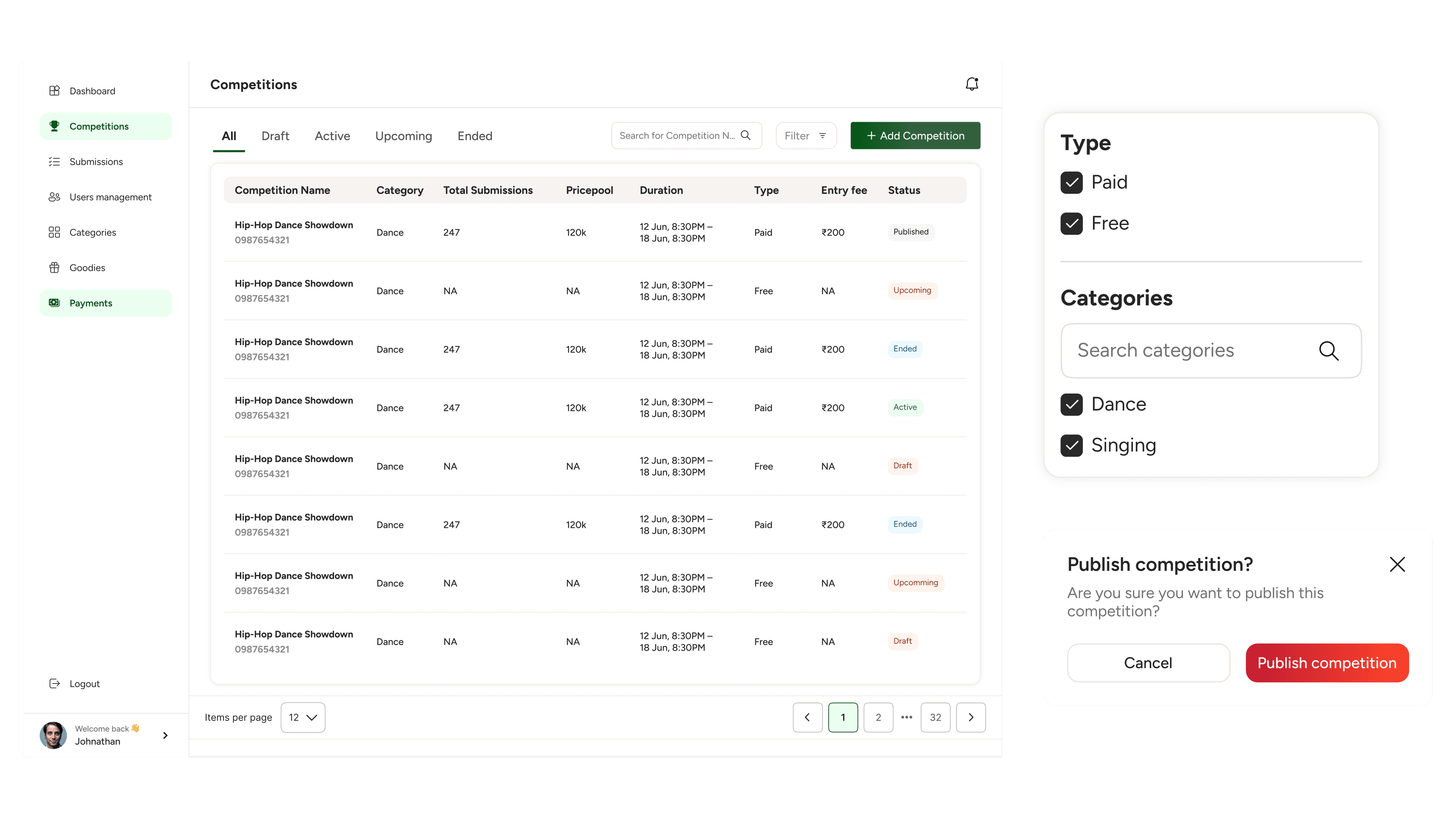 Video competition admin panel with competition status table, filters, and publish confirmation