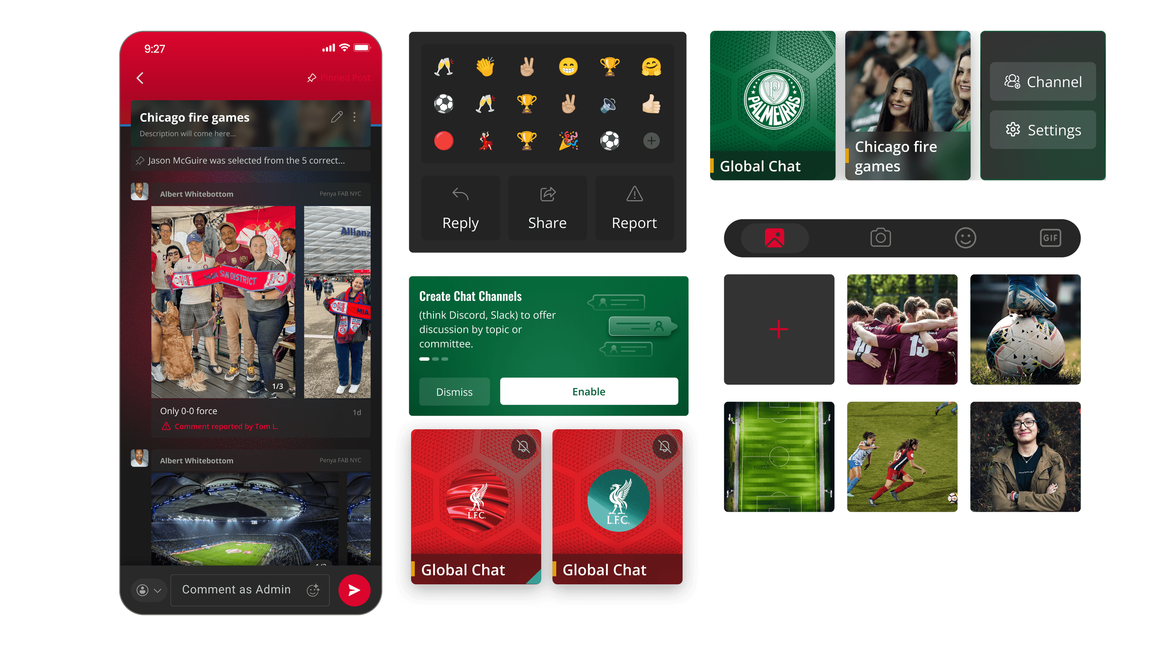 Sports fan platform architecture slide with global chat, community posts, reactions, and media sharing