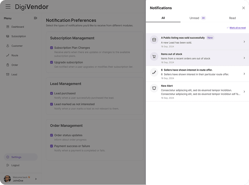 DigiVendor notification preferences and alerts panel for business management